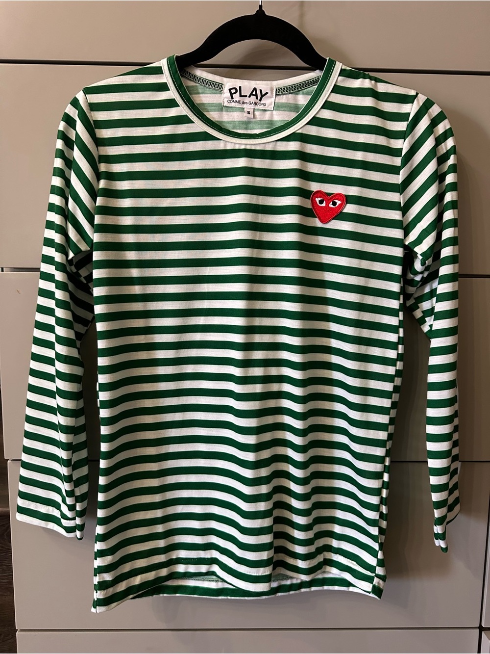Play Commes des Garçons Green and White Striped Long Sleeve T-shirt Size Small